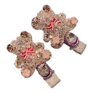 甜美粉色小熊重工发夹时尚森系夹子鸭嘴夹轻奢高级感刘海侧边夹女