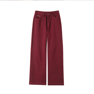 安可拉红直筒加绒牛仔裤女款2025冬季爆款加厚宽松小个子阔腿裤子