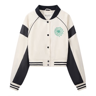 MARDI美式棒球服短款外套女撞色拼接刺绣花朵宽松夹克纽扣短外套