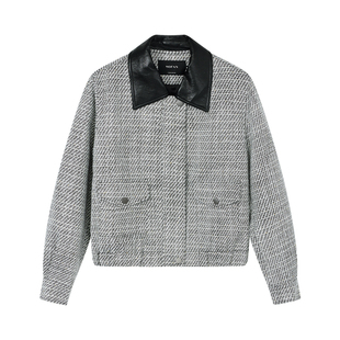 时尚黑白花纹短外套女MOFAN摩凡2025秋冬皮革翻领粗花呢上衣显瘦