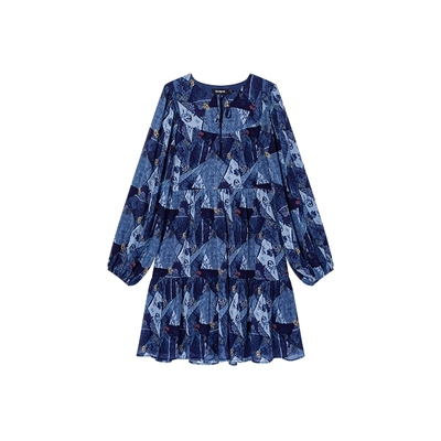 Desigual几何花朵印花压褶系带V领长袖中款连衣裙