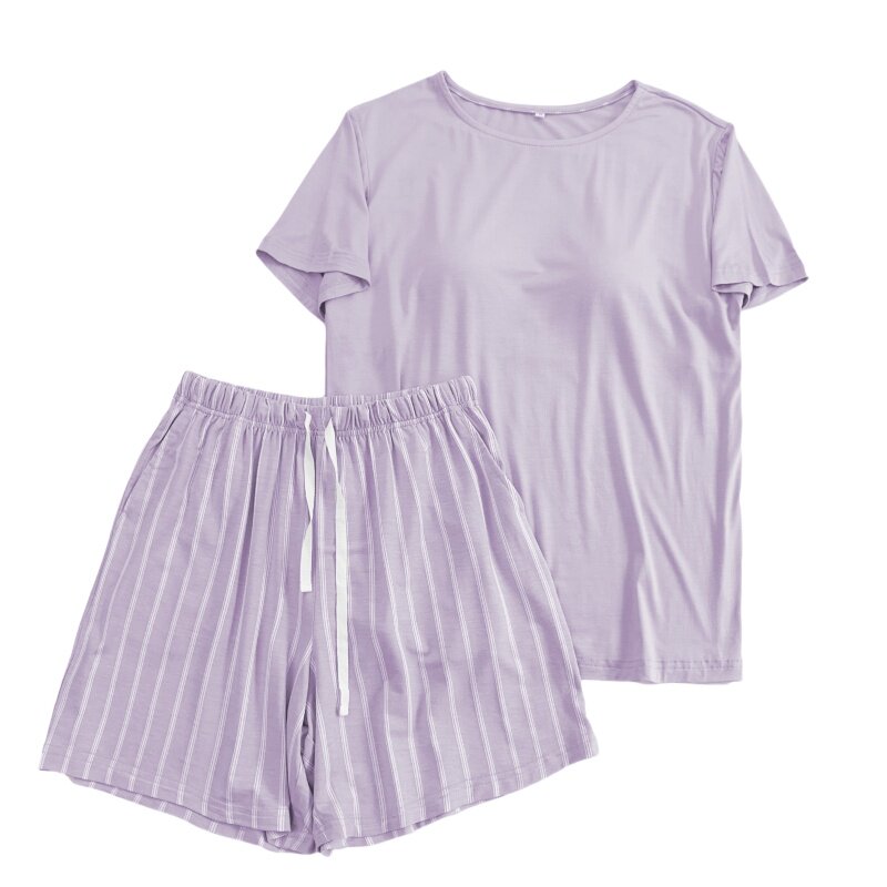 莫代尔胸垫睡衣女夏季带罩杯短袖短裤薄款宽松大码纯色家居服套装