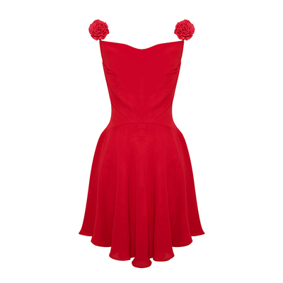 Maison Wester2025夏季新款修身轻盈感肩带立体花红色连衣裙长裙