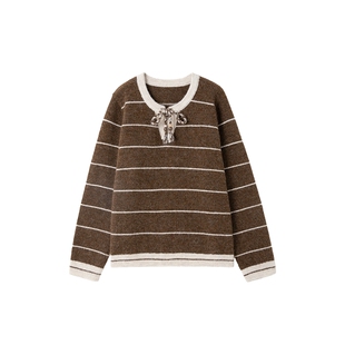 时然大码条纹针织衫宽松毛衣上衣新款冬装胖mm新款女装洋气打底衫