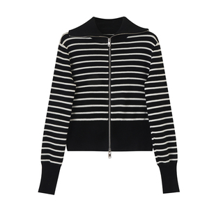纳纹2025秋款新款女式翻领卫衣条纹针织外套通勤百搭休闲针织衫女