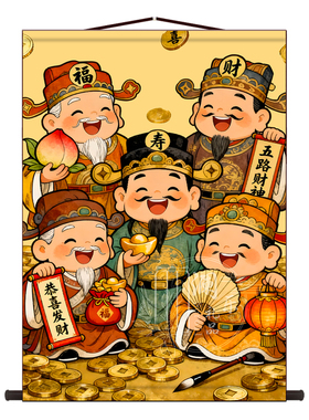 福禄寿喜财客厅装饰画财神爷壁画