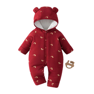 婴儿过年拜年服男女宝宝红色连体衣棉服冬季保暖200g加厚包手包脚