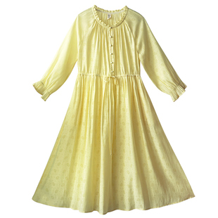 现货【山野浓情】黄色圆领连衣裙女夏季九分荷叶袖收腰印花长裙子