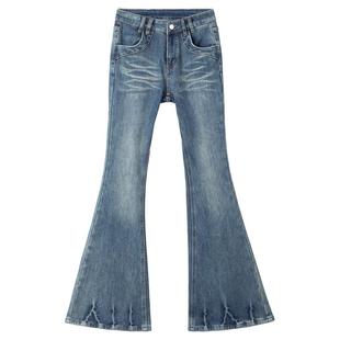 KEIKO 美式卡通小狗刺绣加绒牛仔裤女26春季显瘦微喇叭高腰休闲裤