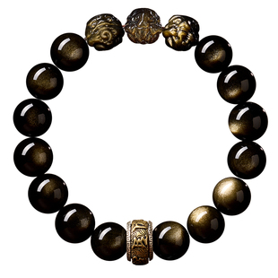 庆祥泰纯天然金曜石手串男士官方旗舰店三合六合本命年黑曜石手链