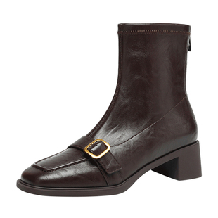 达芙妮短靴女2025新款切尔西瘦瘦靴冬季加绒皮鞋粗跟马丁靴子高跟