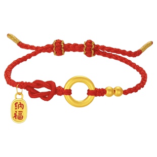 老庙黄金足金平安扣本命年红绳手链招财金珠编绳送女友情人节礼物