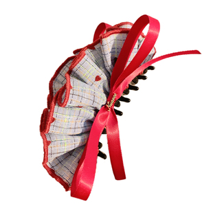 韩系格子裙摆竖式香蕉夹复古高级感女后脑勺马尾夹甜美红色发夹