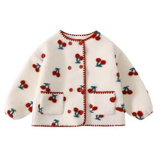 植木立体樱桃仿羊羔绒女童外套中大童2025秋冬新款儿童外套童装