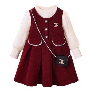 女童套装2025新款冬装洋气背心裙高级感拜年服儿童红色公主连衣裙