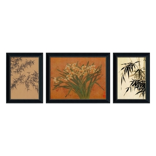 中古风客厅法式复古沙发背景墙挂画立体竹丝装饰画高级感三联壁画