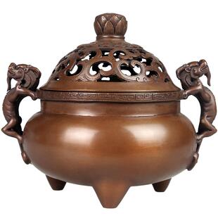 铜聚德 纯铜螭龙耳莲花钮熏炉 紫铜香道用品盘香线香塔香炉摆件