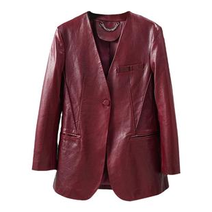 高级感植鞣羊皮西装安可拉红色真皮皮衣女中长款2025春秋新款外套