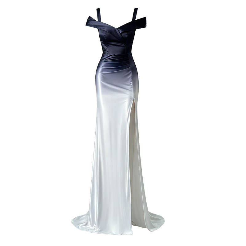 性感一字肩渐变显瘦开叉晚礼服