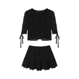 F PROJECT【vintage蝴蝶】手工钩花镂空针织开衫背心半身裙套装