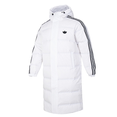 阿迪达斯三叶草长款羽绒服男连帽保暖外套防风棉羽夹克白色运动服