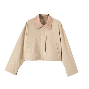 晚白2026年春新款时尚巴恩风拼接翻领棉料上衣百搭短夹克外套女