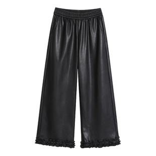 拉夏贝尔咖色加绒pu皮裤女秋冬新款高腰木耳边设计感宽松阔腿裤子