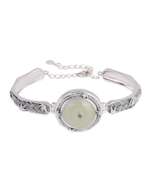 山予棠S925纯银和田玉白玉平安扣编织竹叶复古圆形新中式手链手镯