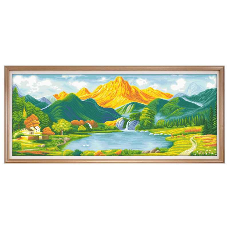 印花十字绣背靠金山聚宝盆免分线