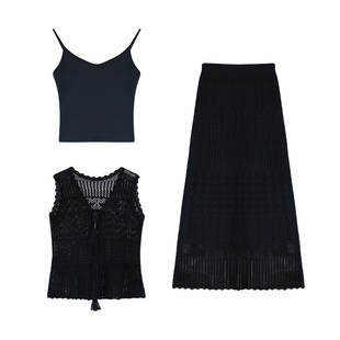 pusumede 假日之约 镂空马甲背心无袖吊带上衣女夏针织半身裙套装
