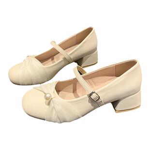 法式粗跟珍珠玛丽珍鞋女鞋子2026春夏新款百搭温柔配裙子高跟单鞋