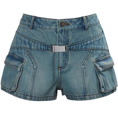 CALVINLUO 新品女蓝色插锁腰带牛仔裤短裤