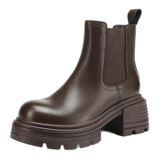 星期六棕色靴子短靴女2025秋季新款英伦风厚底粗跟马丁靴切尔西靴