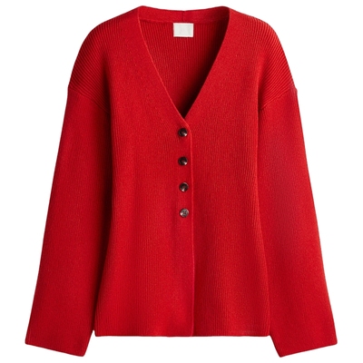 HM女装毛针织衫冬季罗纹针织红色毛衣长袖开衫1307156