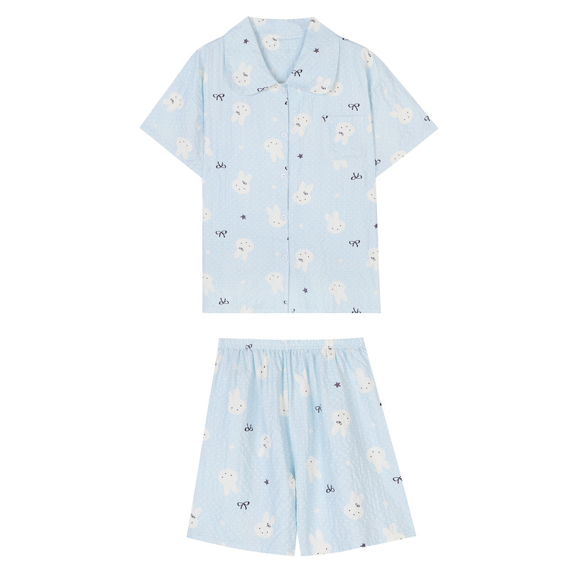 馨帮帮 可爱兔子睡衣裤套装夏季薄款短袖开衫短裤家居服两件套女