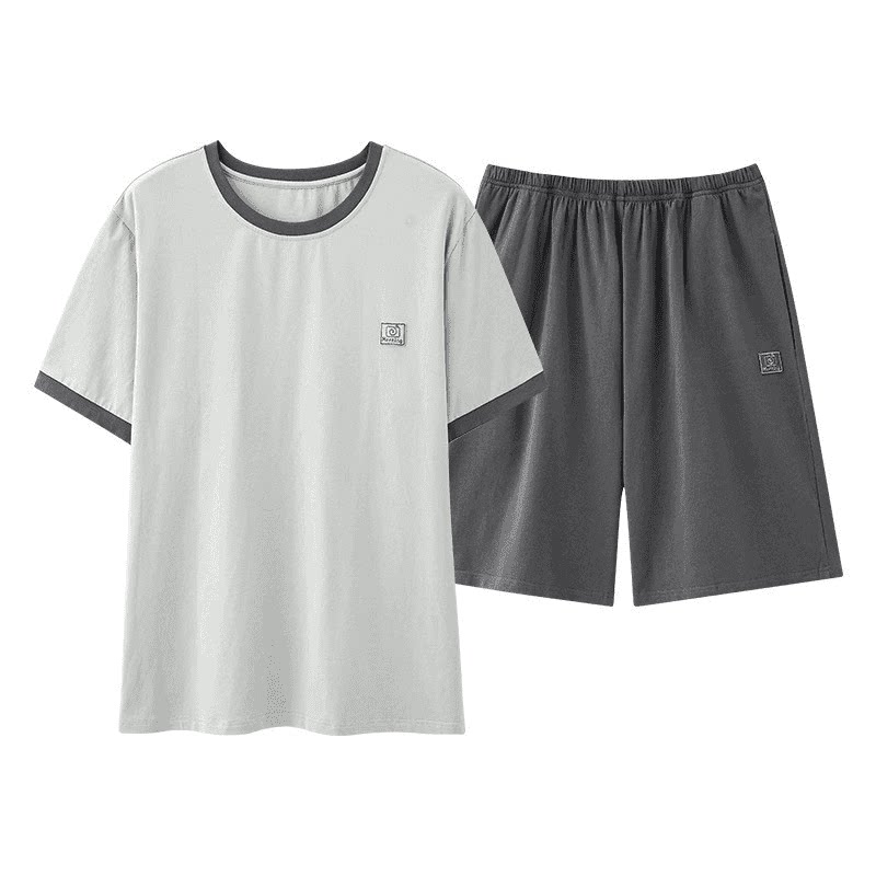 睡衣男夏季莫代尔薄款圆领短袖青少年宽松休闲简约休闲短裤家居服