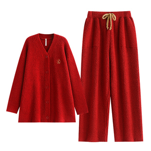 悦内半边绒睡衣男士秋冬季珊瑚绒保暖家居服新年马年大红色本命年