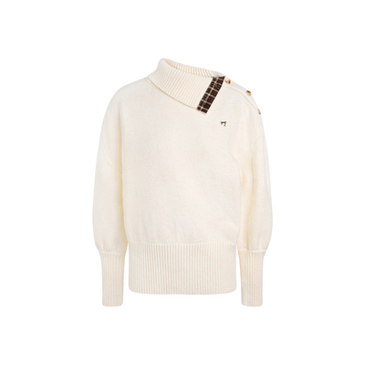 不规则翻领格纹拼接套头毛衣