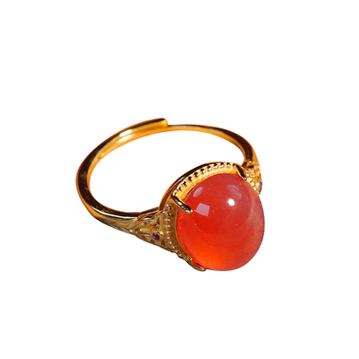 七宝缘天然原矿南红玛瑙S925银镶嵌女士蛋面冰红新款开口戒指可调