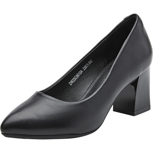 大东通勤鞋女鞋2026春季新款粗跟高跟套脚尖头光板浅口单鞋C0610