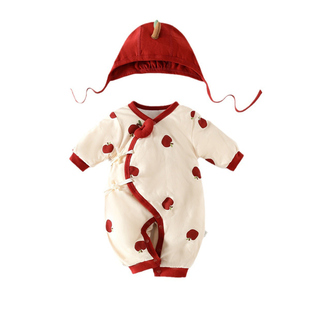 哇哇新生婴儿衣服满月新年红色秋冬棉服宝宝夹棉连体衣哈衣服超萌