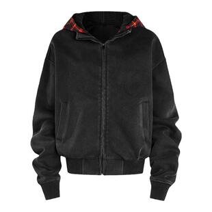 Athur小丑 格子拼接连帽卫衣男女款潮牌美式高街短款cleanfit外套