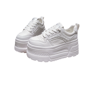 8cm~2026新款系带缝线厚底松糕超高跟小个子小白鞋面包鞋运动女鞋