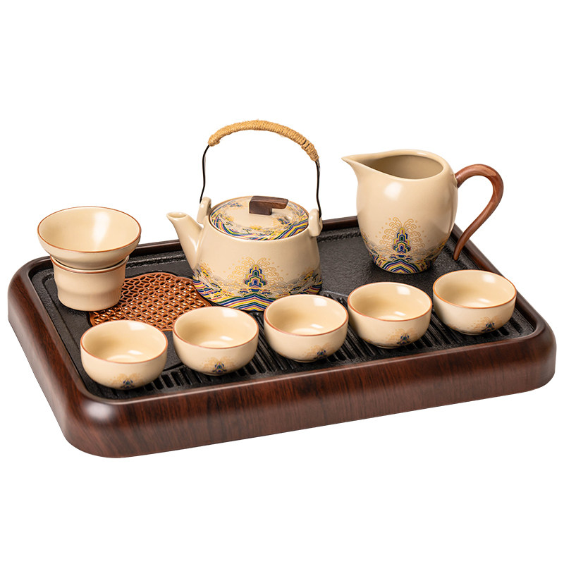 米黄汝窑功夫茶具套装家用会客陶瓷泡茶壶茶杯茶盘整套办公室喝茶