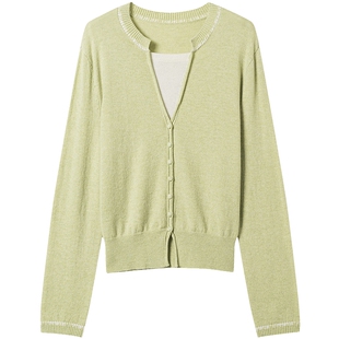 衣香丽影绿色假两件针织衫女2026春装新款气质减龄收腰50羊毛上衣