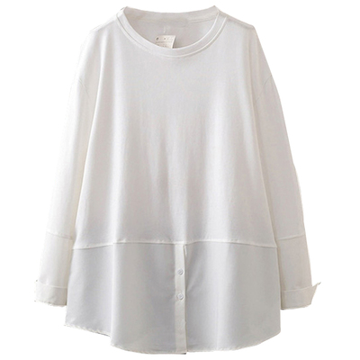 春秋200斤衬衣拼接白色长袖T恤