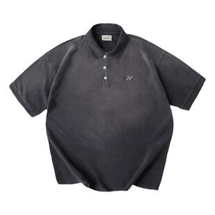 SONOFLOONG复古水洗做旧POLO衫男宽松珠地棉翻领短袖T恤小绣花tee