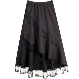 KEIKO 酷飒不规则黑色a字半身裙26春季高端蕾丝流苏摆绝美长裙子