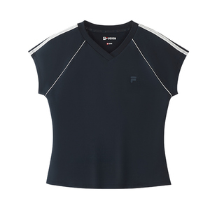 FILA FUSION斐乐潮牌女子针织短袖衫2026夏季新款显瘦修身V领T恤