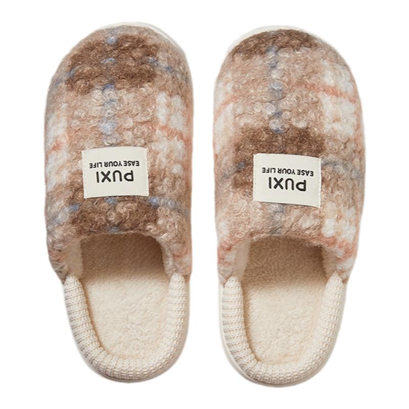 朴西复古格纹情侣家用毛毛拖鞋男冬季加绒抗菌居家室内棉拖女2025